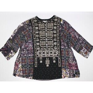 John Mark Plus Size 1X Black Pink Purple Paisley Boho Whimsy Blouse Top Pockets
